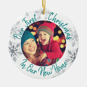 Our First Christmas in our New Home w Photo - Teal Ceramic Tree Decoration