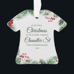 Our First Christmas in our New Home Watercolor Ornament<br><div class="desc">Our First Christmas  in <add name="" of="" your="" street=""> Street in classic and simple serif  and cursive script typography on a modern simple background of watercolor foliage botanicals</add></div>