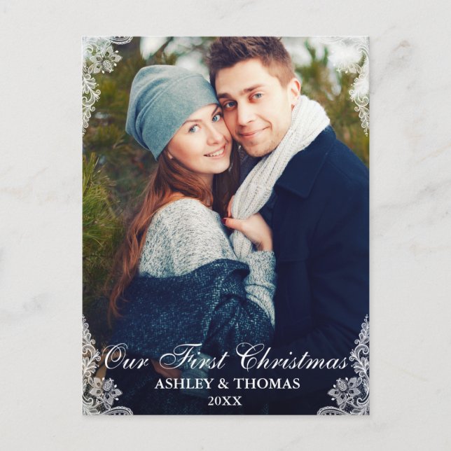 Our First Christmas Lace Border Couple Photo Holiday Postcard (Front)