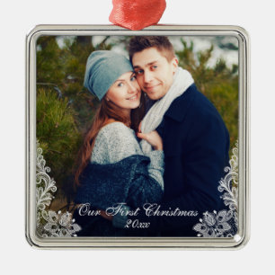 Our First Christmas Lace Trim Couple Photo Date Metal Tree Decoration
