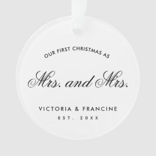 Our First Christmas Lesbian Newlywed Photo White Ornament