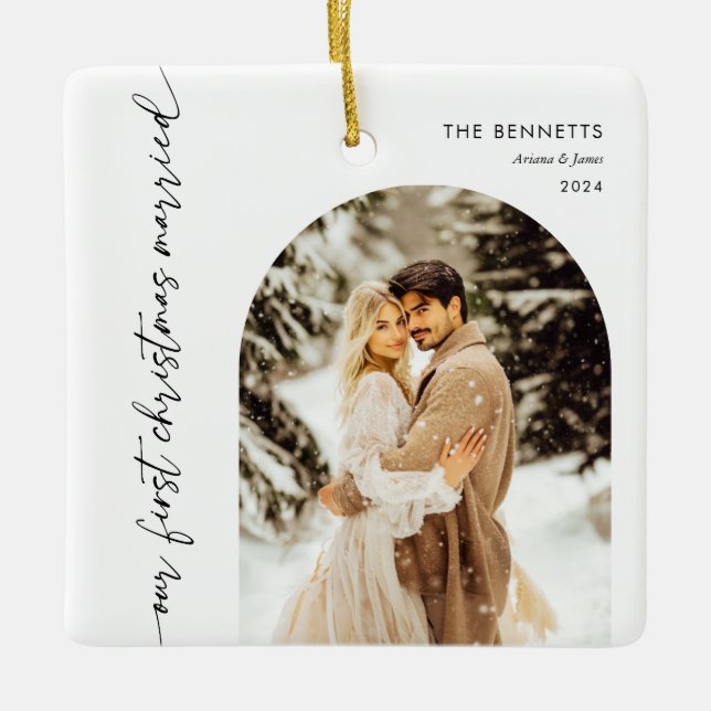 Our First Christmas Maried Couple Photo Newlywed  Ceramic Ornament (Front)