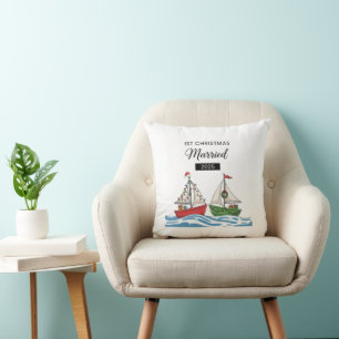 Our First Christmas Married 2025   Cute Nautical  Cushion