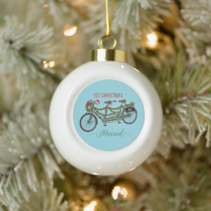 Our First Christmas Married 2025   Cute Tandem  Ceramic Ball Christmas Ornament