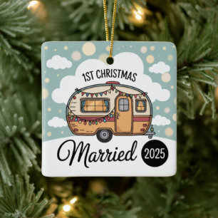 Our First Christmas Married 2025   Retro Camper  Ceramic Ornament
