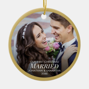Our First Christmas Married 2 Photo Gold Christmas Ceramic Tree Decoration