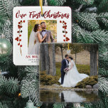 Our first Christmas married 2 photo modern Ceramic Ornament<br><div class="desc">Married couple's first Christmas as Mr. and Mrs. unique keepsake tree ornament with red berries branches,  your custom photo,  and red modern typography script text.           Can be a beautiful gift for newlyweds.</div>