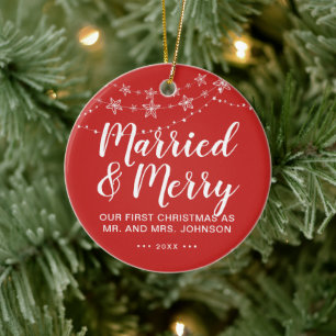 Our First Christmas Married and Merry Photo Red Ceramic Tree Decoration