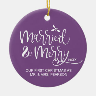Our First Christmas, Married and Merry, Purple Ceramic Tree Decoration