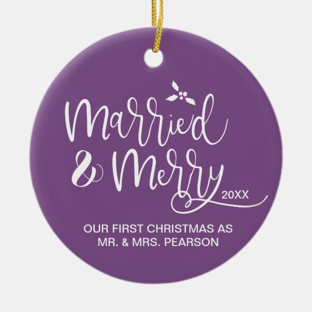 Our First Christmas, Married and Merry, Purple Ceramic Tree Decoration (Front)
