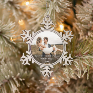 Our First Christmas Married as Mr and Mrs PHOTO Snowflake Pewter Christmas Ornament