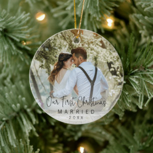 Our First Christmas Married Black Script Photo Ceramic Tree Decoration