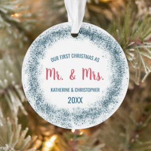Our First Christmas Married   Blue Glitter Ornament
