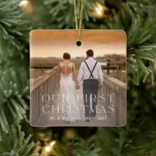Our First Christmas Married Chic Photo Ceramic Ornament
