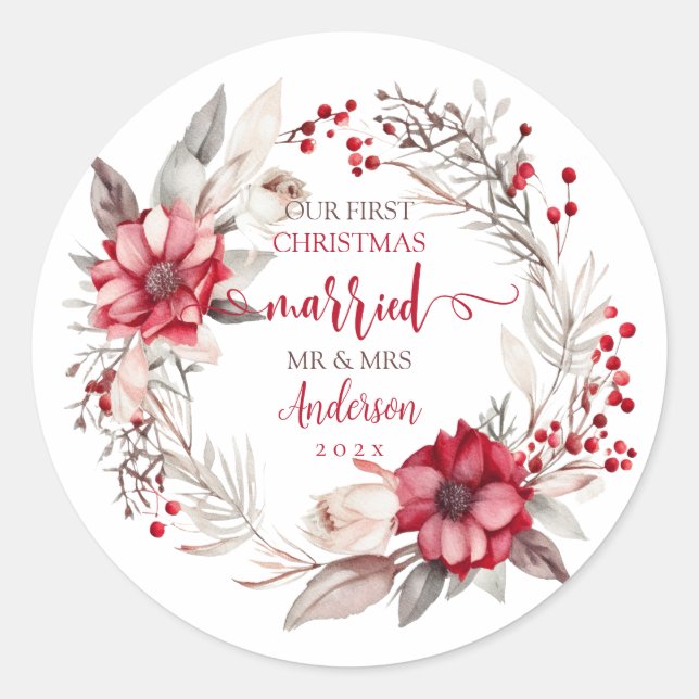 Our first Christmas Married Classic Round Sticker (Front)