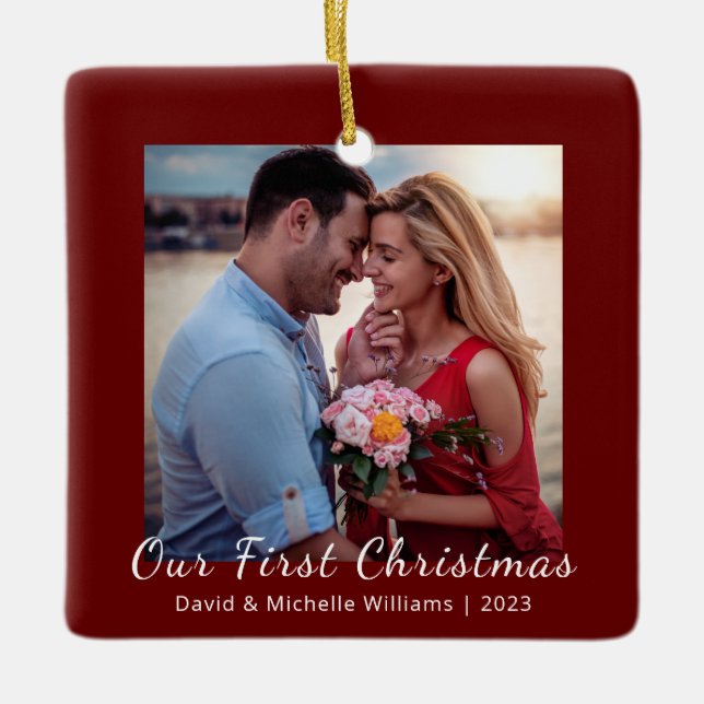 Our First Christmas Married Couple Photo  Ceramic Ornament (Front)