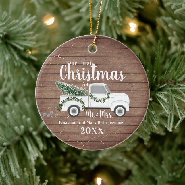 Our First Christmas Married Couple Wood Truck Ceramic Tree Decoration (Tree)