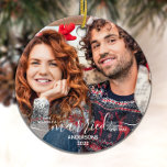 Our First Christmas Married Custom 2 Photo Ceramic Tree Decoration<br><div class="desc">Have Yourself A Married Little Christmas ! Decorate your tree or send a special gift with this elegant personalised just married newlywed first Christmas ornament. Add your favourite photos and personalise with name and year. Ornament is double sided, you can do different photos each side. COPYRIGHT © 2020 Judy Burrows,...</div>
