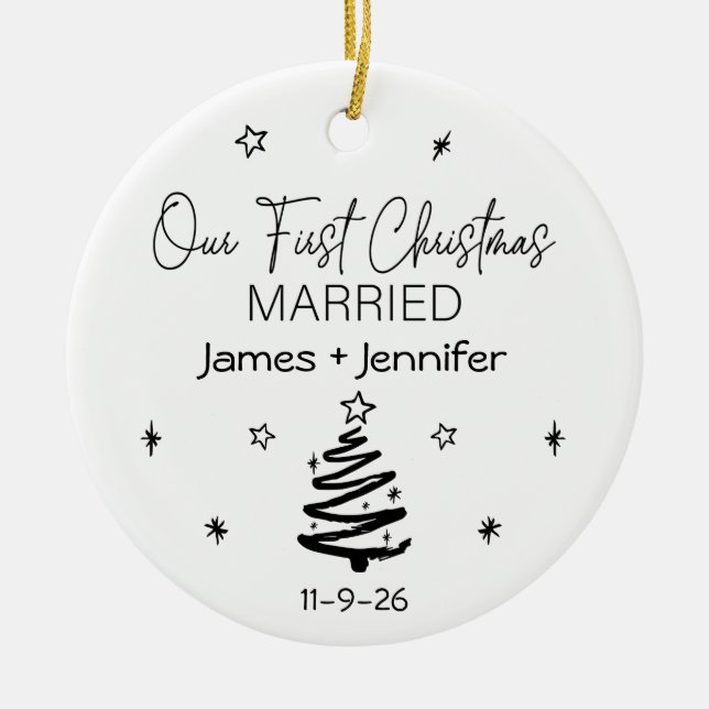 Our First Christmas Married Custom Names & Photo Ceramic Tree Decoration (Front)