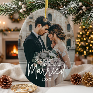 Our First Christmas Married Custom Photo Oval Ceramic Tree Decoration