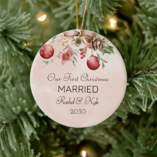 Our First Christmas Married  Engaged Floral  Ceramic Tree Decoration