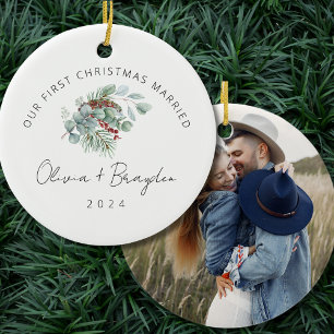 Our First Christmas Married Eucalyptus Photo Ceramic Tree Decoration