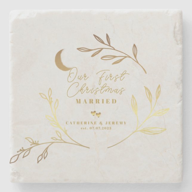 Our First Christmas Married Gift Gold Script  Gift Stone Coaster (Front)