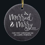 Our First Christmas Married Merry photo Chalkboard Ceramic Tree Decoration<br><div class="desc">The ornaments that tends to always make it up on our tree are the ones that are personalise. Customise this ornament to remember your first Christmas as Mr. and Mrs. for years to come. Replace the photo on the back with your own wedding photo. Chalkboard background for a rustic look....</div>