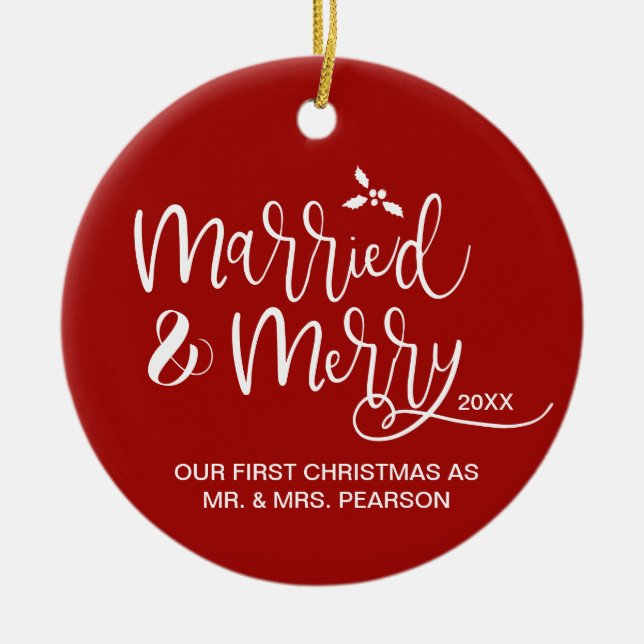 Our First Christmas, Married, Merry, Red, Photo Ceramic Tree Decoration (Front)