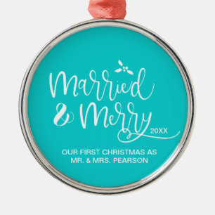 Our First Christmas Married Merry teal Metal Tree Decoration