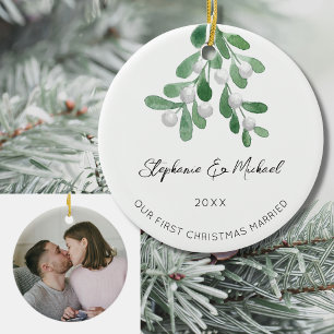 Our First Christmas Married Mistletoe Photo Ceramic Tree Decoration