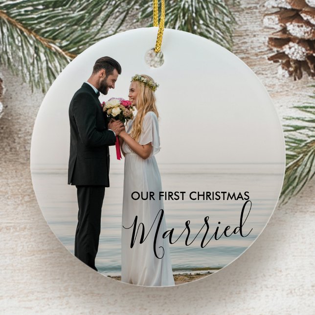 Our First Christmas Married Personalized Photo Ceramic Tree Decoration (First Christmas Married photo ornament by Darling & May)