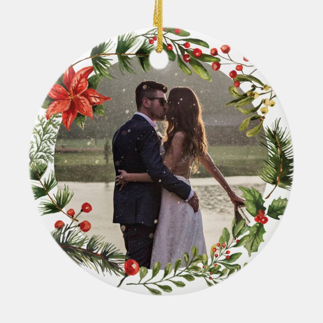 Our First Christmas Married Photo Botanical Ceramic Tree Decoration (Back)