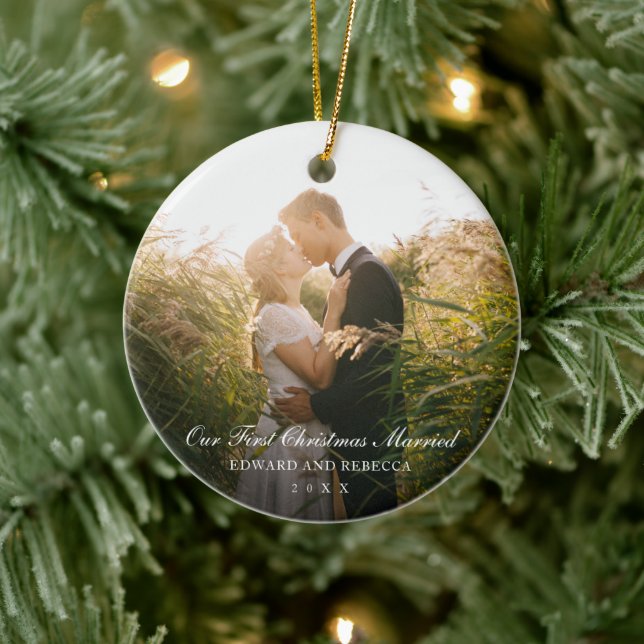 Our First Christmas Married Photo Elegant Newlywed Ceramic Tree Decoration (Tree)