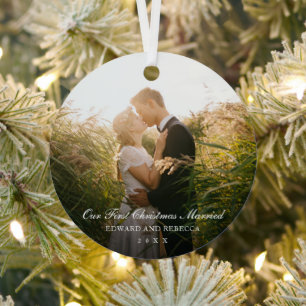 Our First Christmas Married Photo Elegant Newlywed Metal Tree Decoration