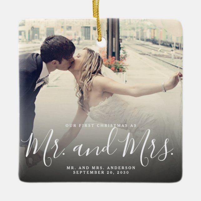 Our First Christmas Married Photo Elegant Script Ceramic Ornament (Front)
