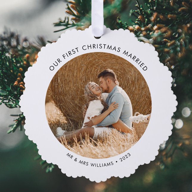 Our First Christmas Married Photo Holiday Tree Decoration Card (Creator Uploaded)