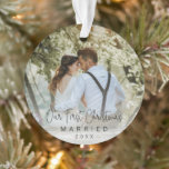 Our First Christmas Married Photo Modern Newlywed Ornament<br><div class="desc">Did you get married this year? Add a memory to your tree with this modern ornament featuring a simple design with with the message "Our First Christmas Married" in an elegant thin black script along with the year over your favourite photo. Add the same photo to both sides or a...</div>