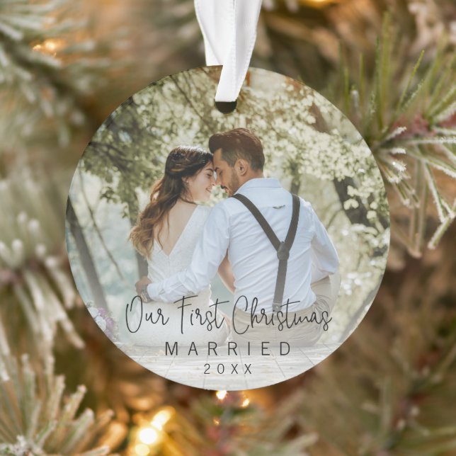 Our First Christmas Married Photo Modern Newlywed Ornament (Tree)