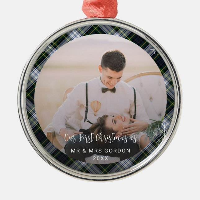 Our First Christmas Married Photo Plaid Tartan Metal Tree Decoration (Front)