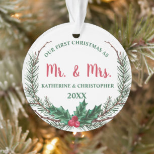 Our First Christmas Married Pine Mistletoe Berry Ornament