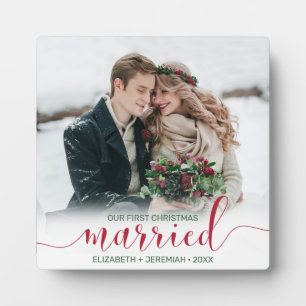 Our First Christmas Married Red Script Photo Plaque