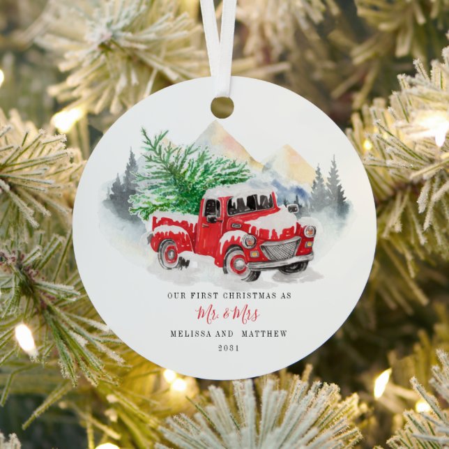 Our First Christmas Married Red Truck Metal Tree Decoration (Insitu)