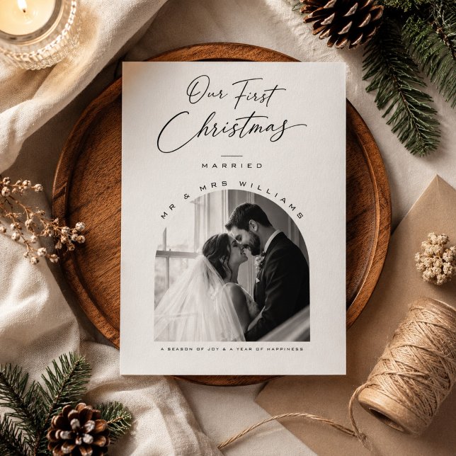 Our First Christmas Married Script Arch Photo  Holiday Card (Creator Uploaded)