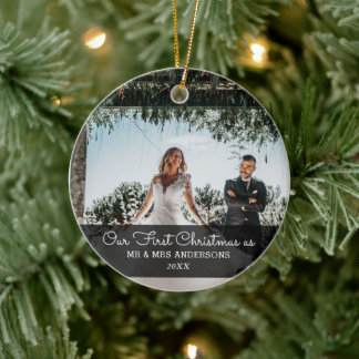 Our First Christmas Married Script Couple Photo Ceramic Tree Decoration