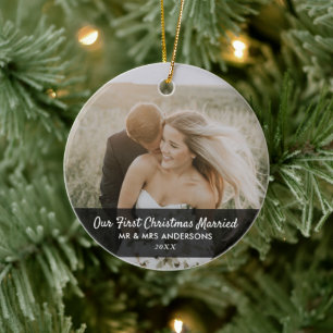Our First Christmas Married Script Couple Photo Ceramic Tree Decoration