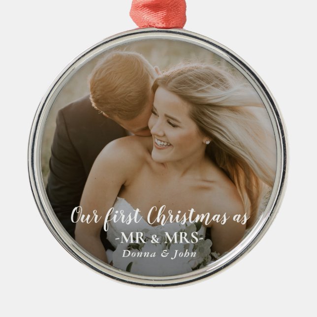 Our First Christmas Married Script Couple Photo Metal Tree Decoration (Front)