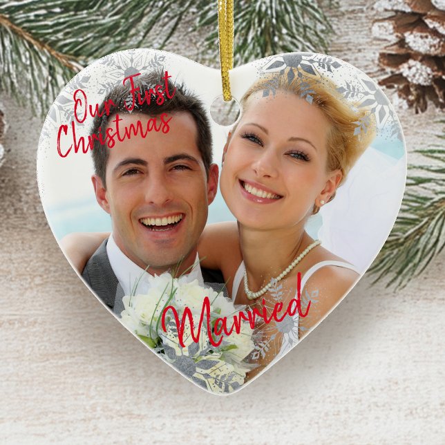 Our First Christmas Married w. Your Photo - Heart Ceramic Tree Decoration (First Christmas Married Heart Photo Ornament by Darling & May)