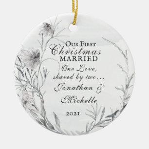 Our First Christmas Married, Watercolor Floral Ceramic Tree Decoration