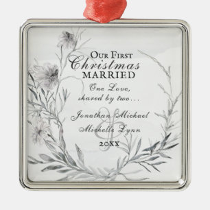 Our First Christmas Married, Watercolor Floral Metal Tree Decoration